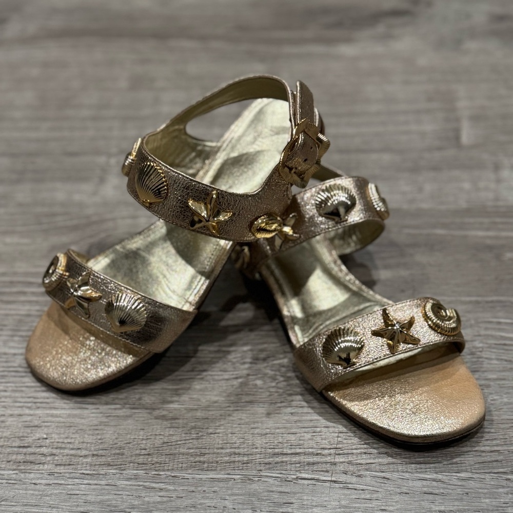 LARROUDE PREOWNED MADISON GOLD LEATHER SHELL SANDALS 6 ANTHROPOLOGIE - Picture 3 of 16